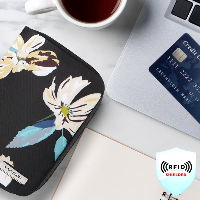 variant:43452764094509 travelon RFID Blocking Passport Zip Wallet -Midnight Floral