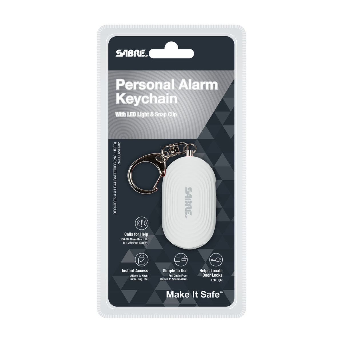 variant:44139250286637 SABRE Personal Alarm with LED Light and Snap Hook White