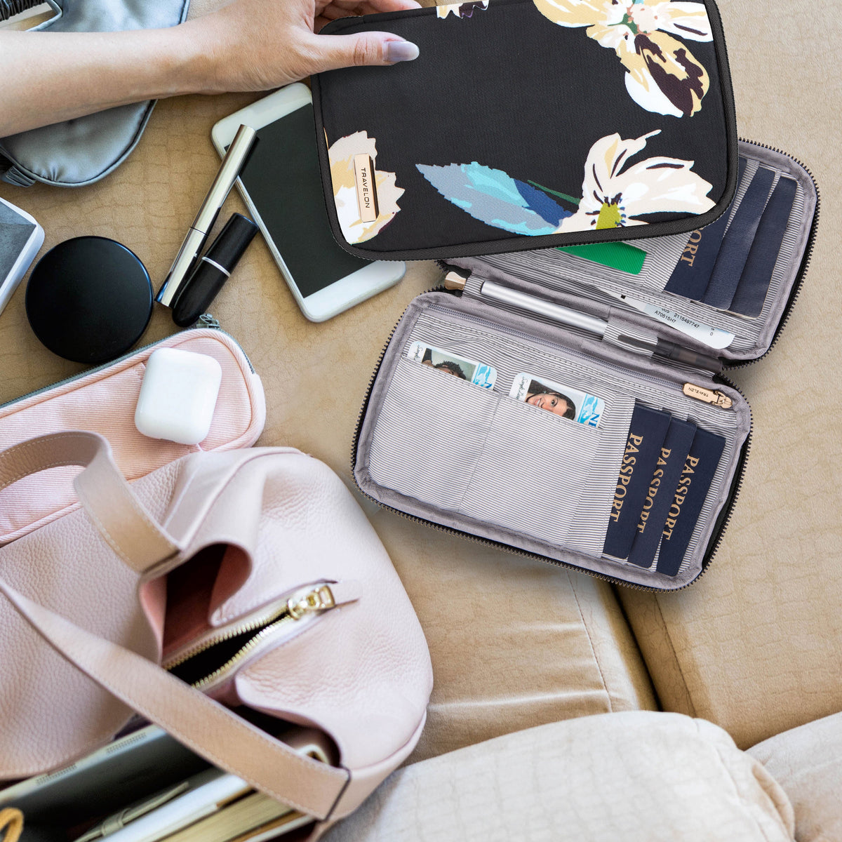variant:43452763930669 travelon RFID Blocking Family Passport Zip Wallet - Midnight Floral